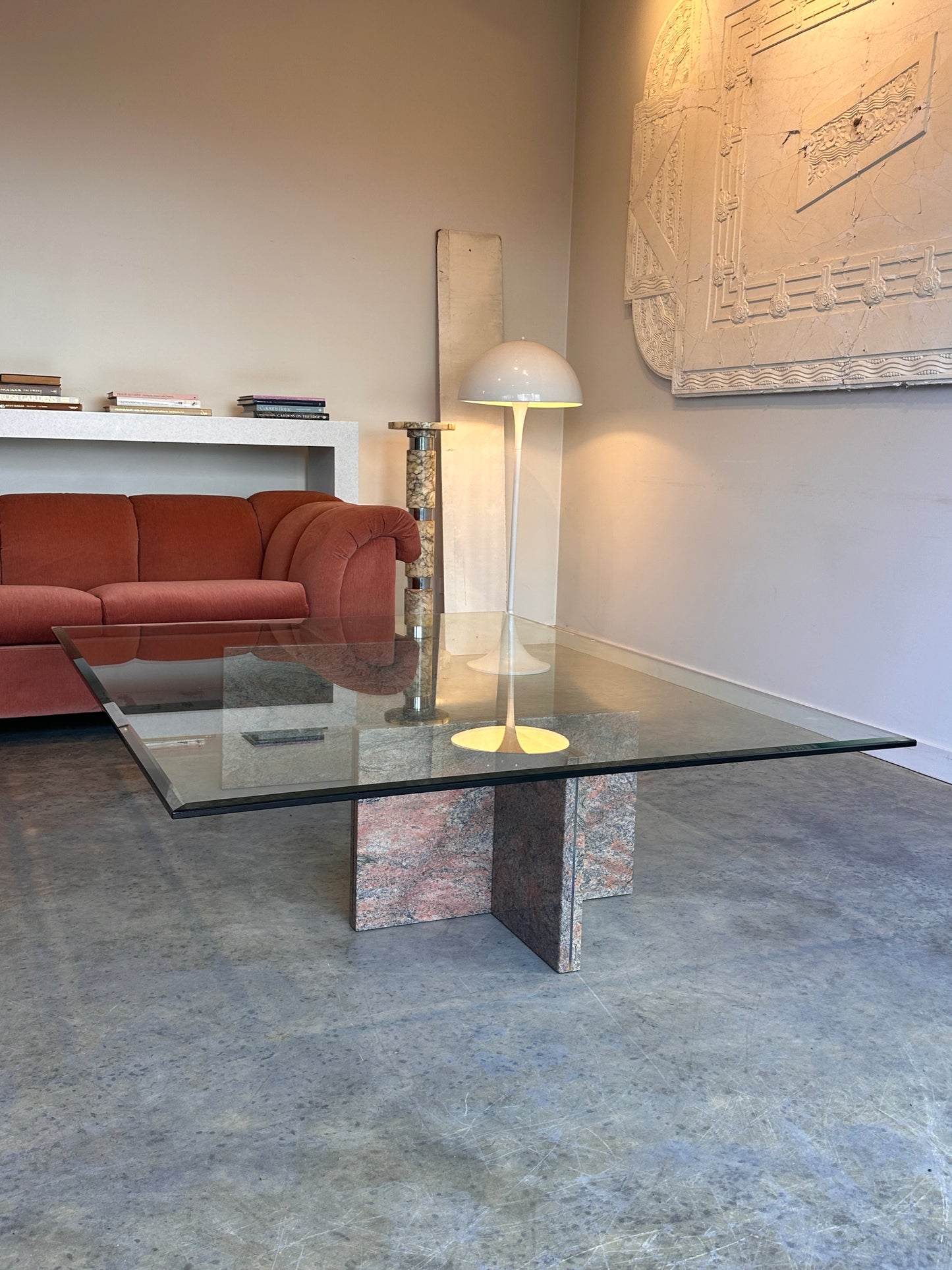 Enormous Vintage Glass & Pink Granite Coffee Table, 80's