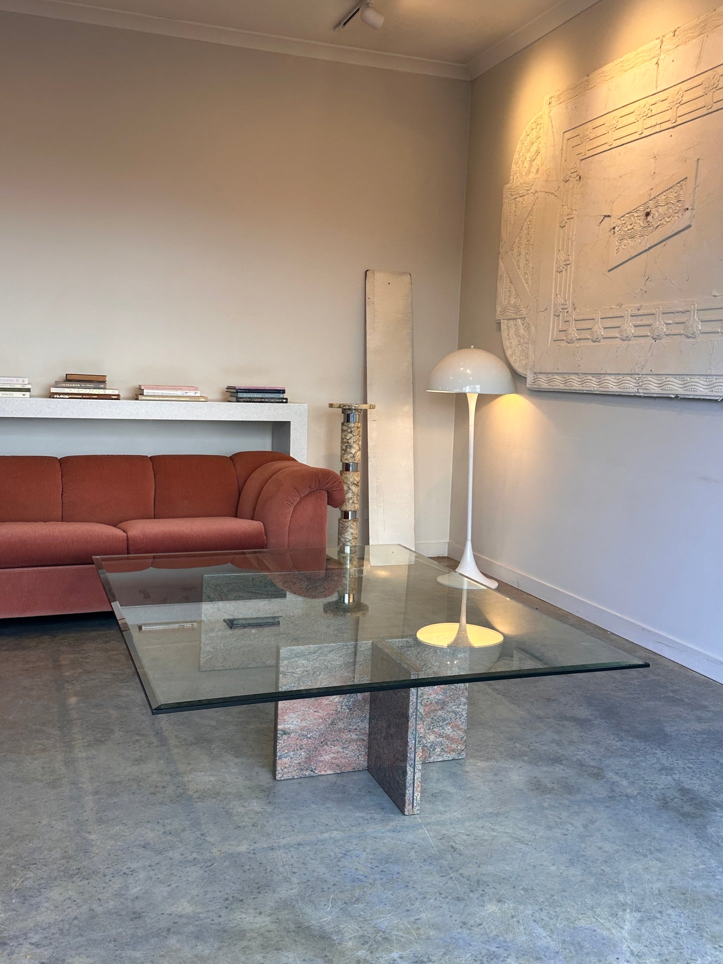 Enormous Vintage Glass & Pink Granite Coffee Table, 80's