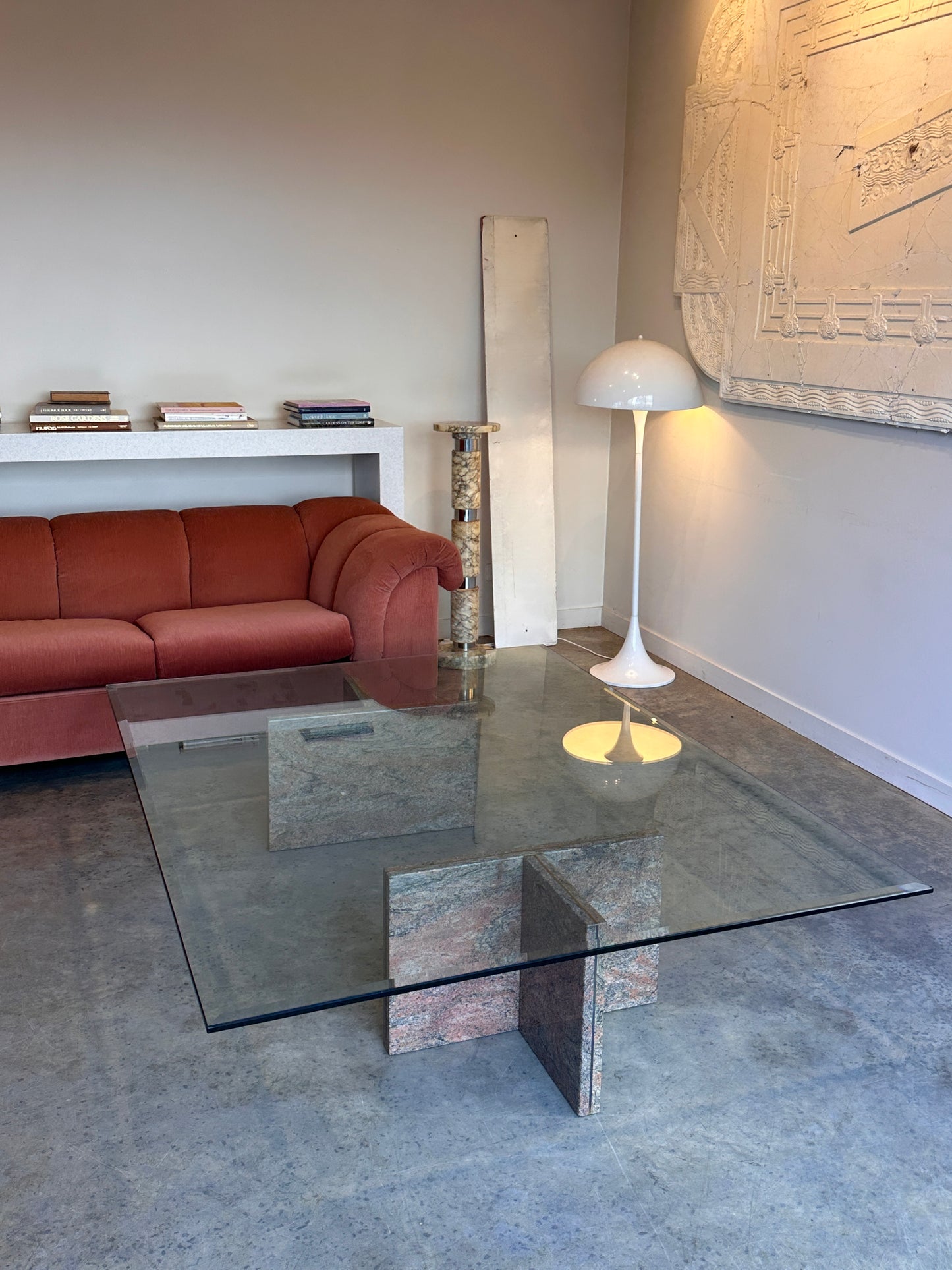 Enormous Vintage Glass & Pink Granite Coffee Table, 80's