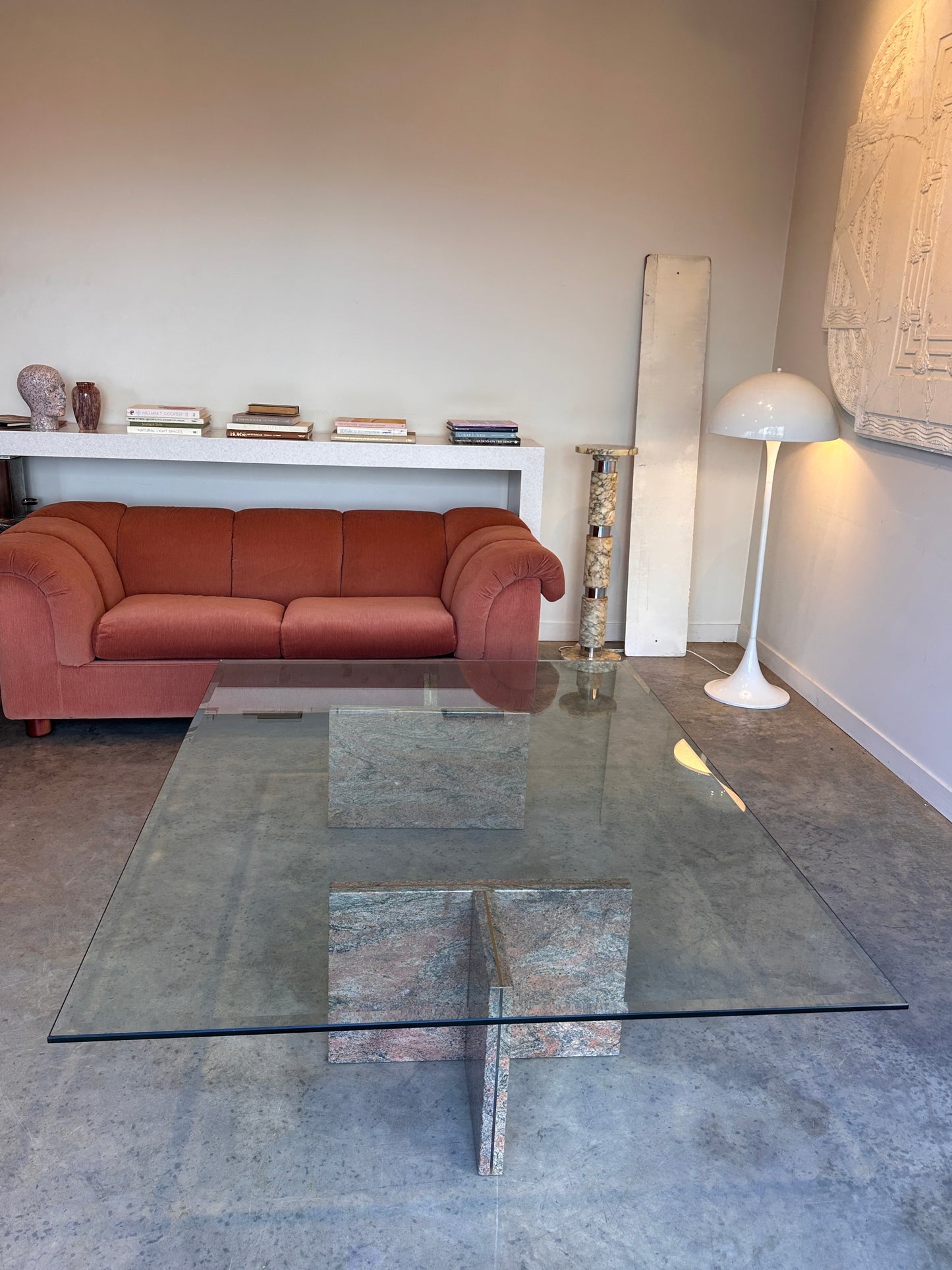 Enormous Vintage Glass & Pink Granite Coffee Table, 80's