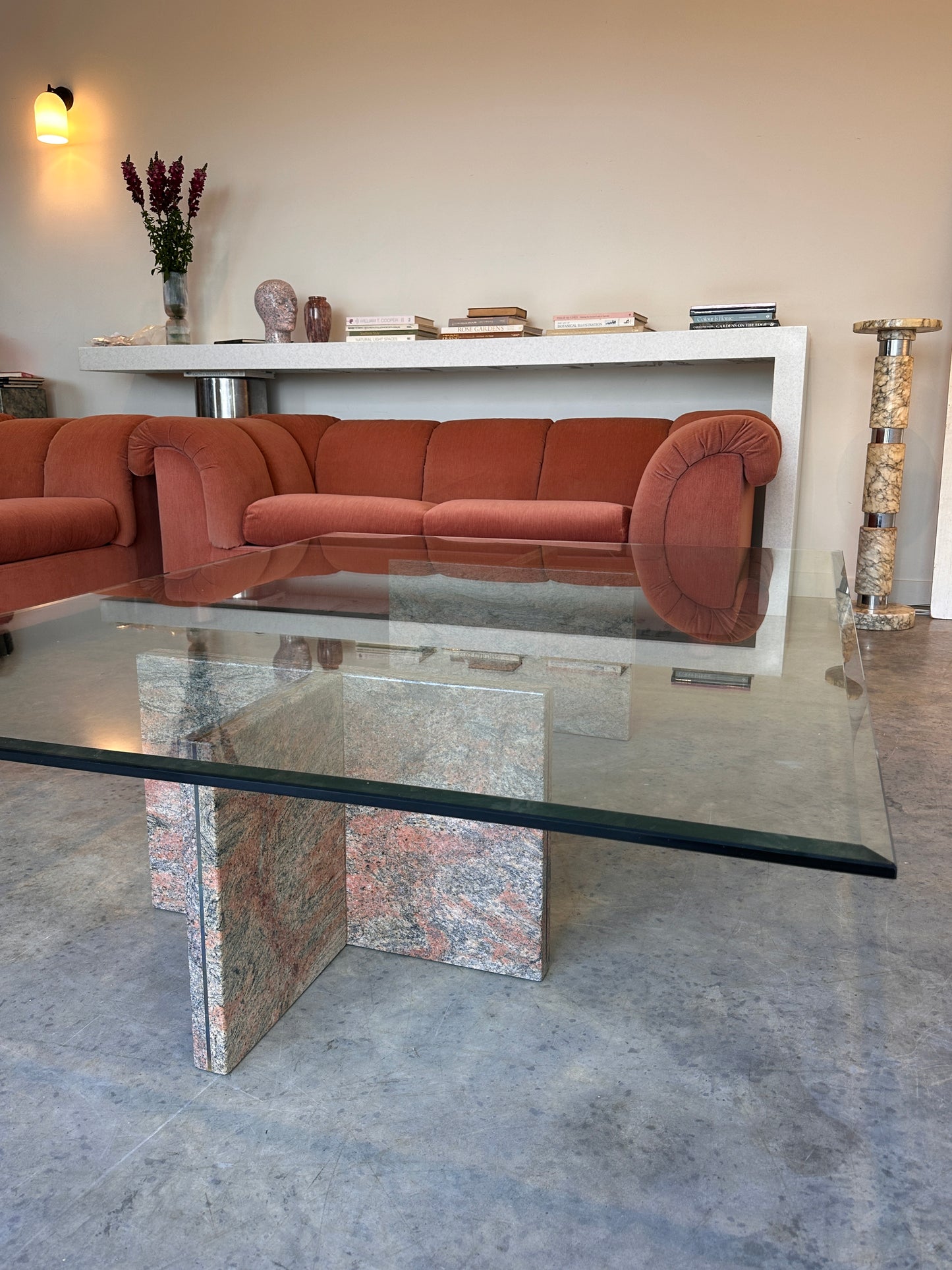 Enormous Vintage Glass & Pink Granite Coffee Table, 80's