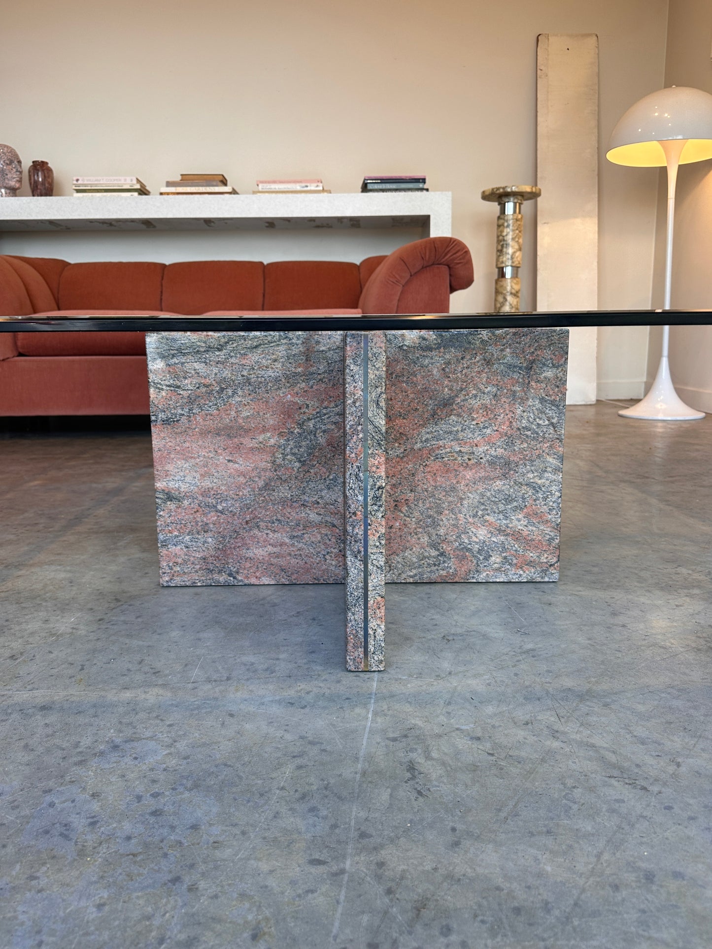 Enormous Vintage Glass & Pink Granite Coffee Table, 80's