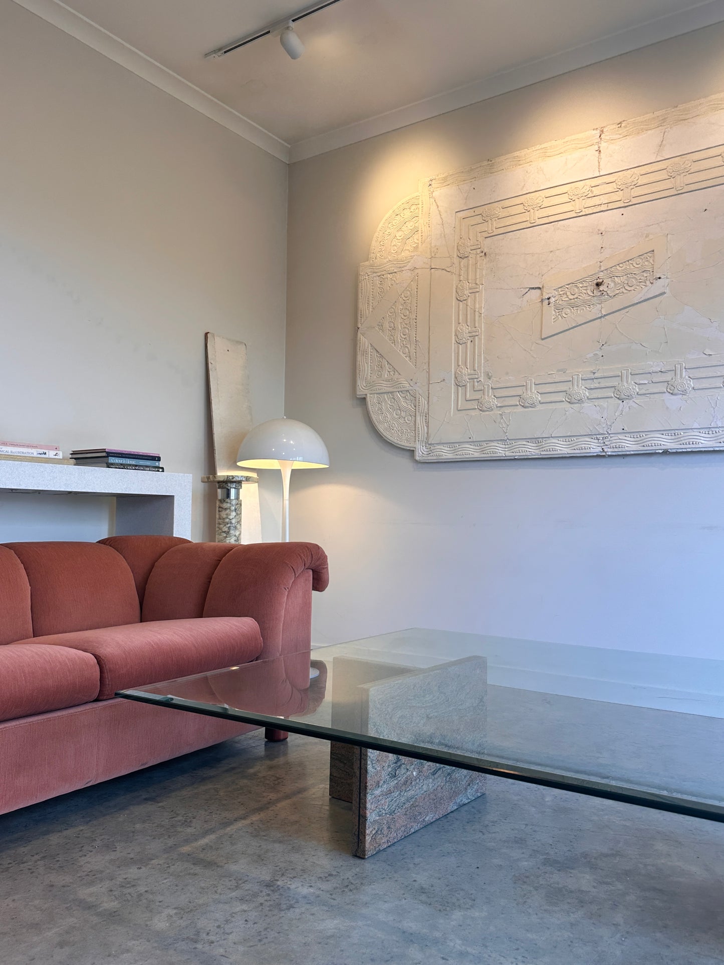 Enormous Vintage Glass & Pink Granite Coffee Table, 80's