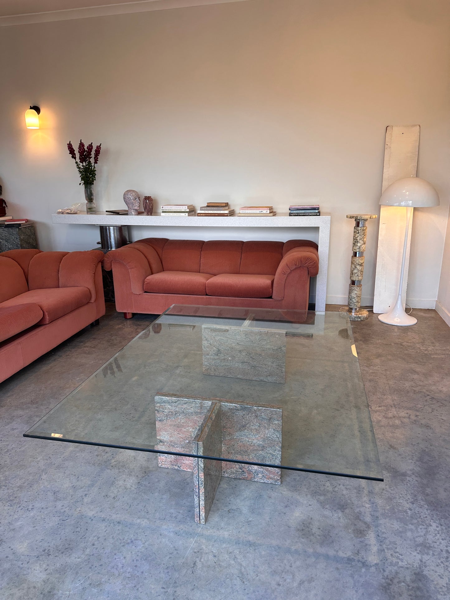 Enormous Vintage Glass & Pink Granite Coffee Table, 80's