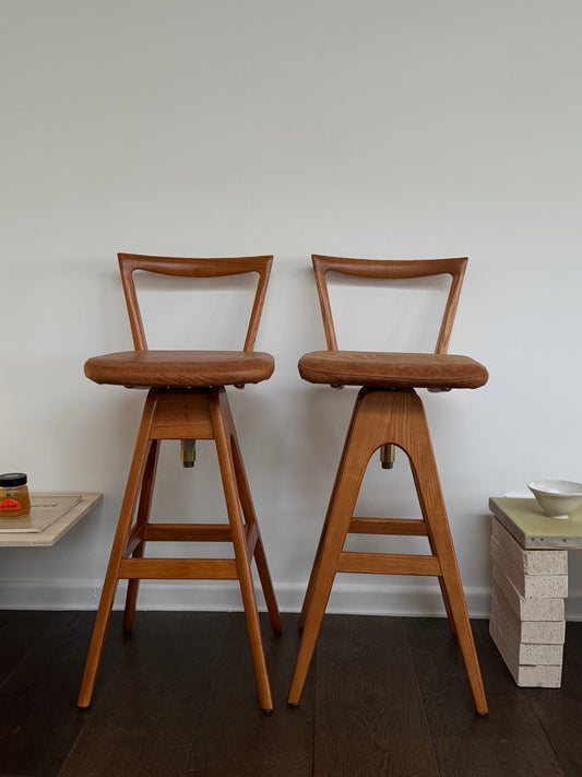 Pair of T.H. Brown Teak & Leather Stools