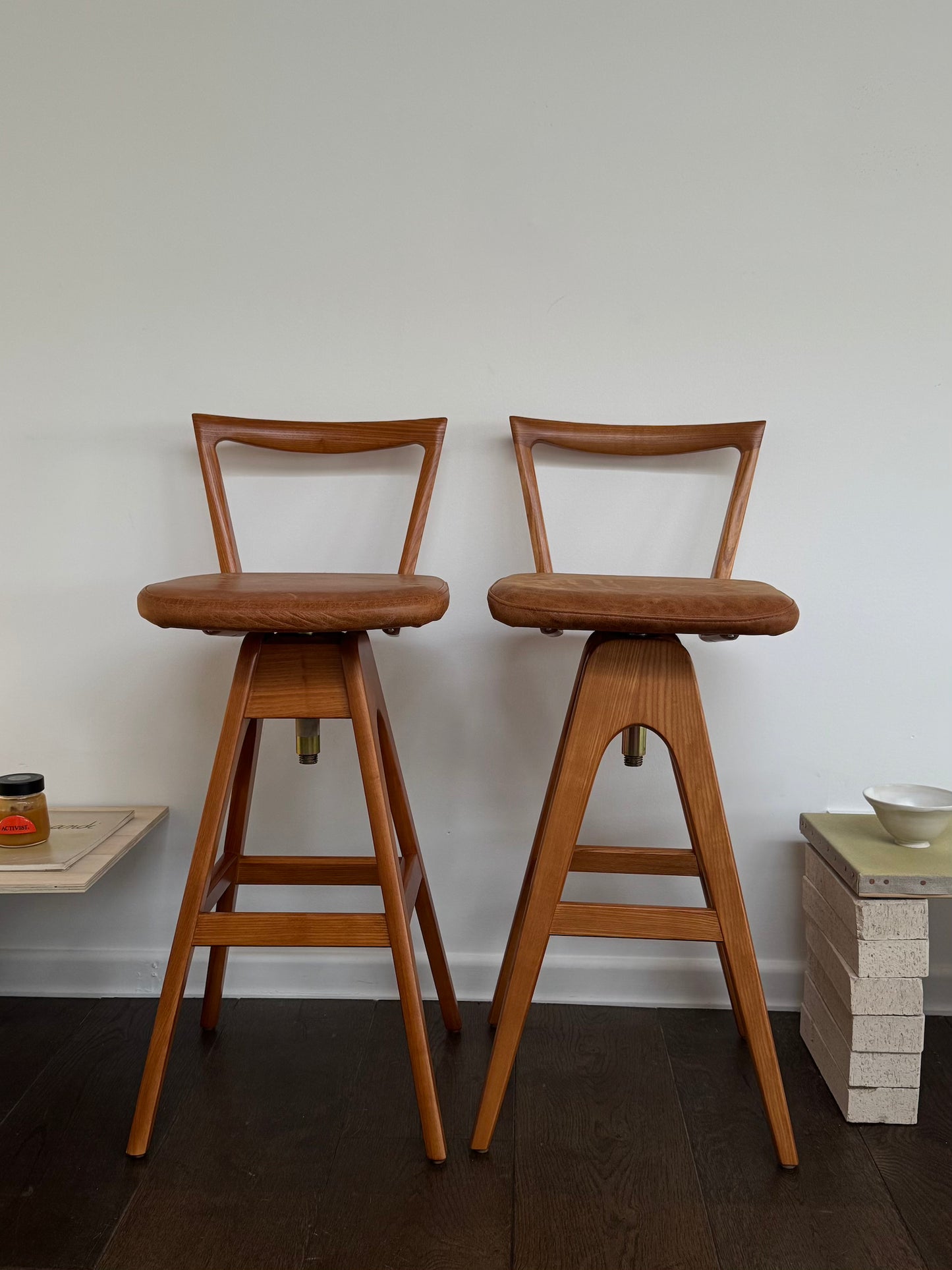 Pair of T.H. Brown Teak & Leather Bar Stools