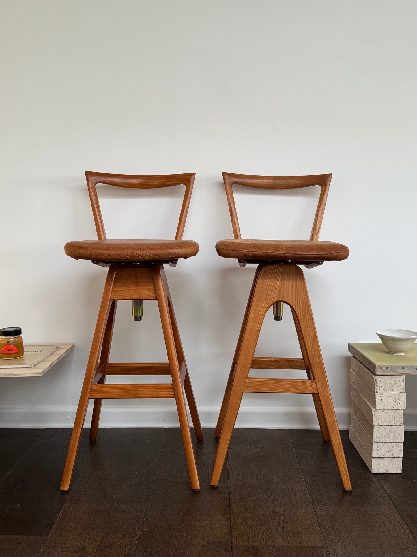 Pair of T.H. Brown Teak & Leather Stools