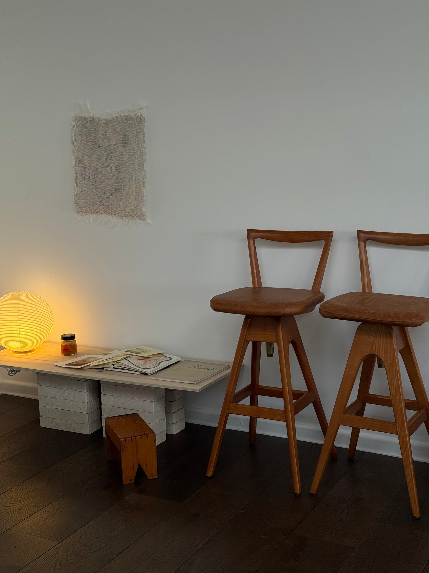 Pair of T.H. Brown Teak & Leather Stools