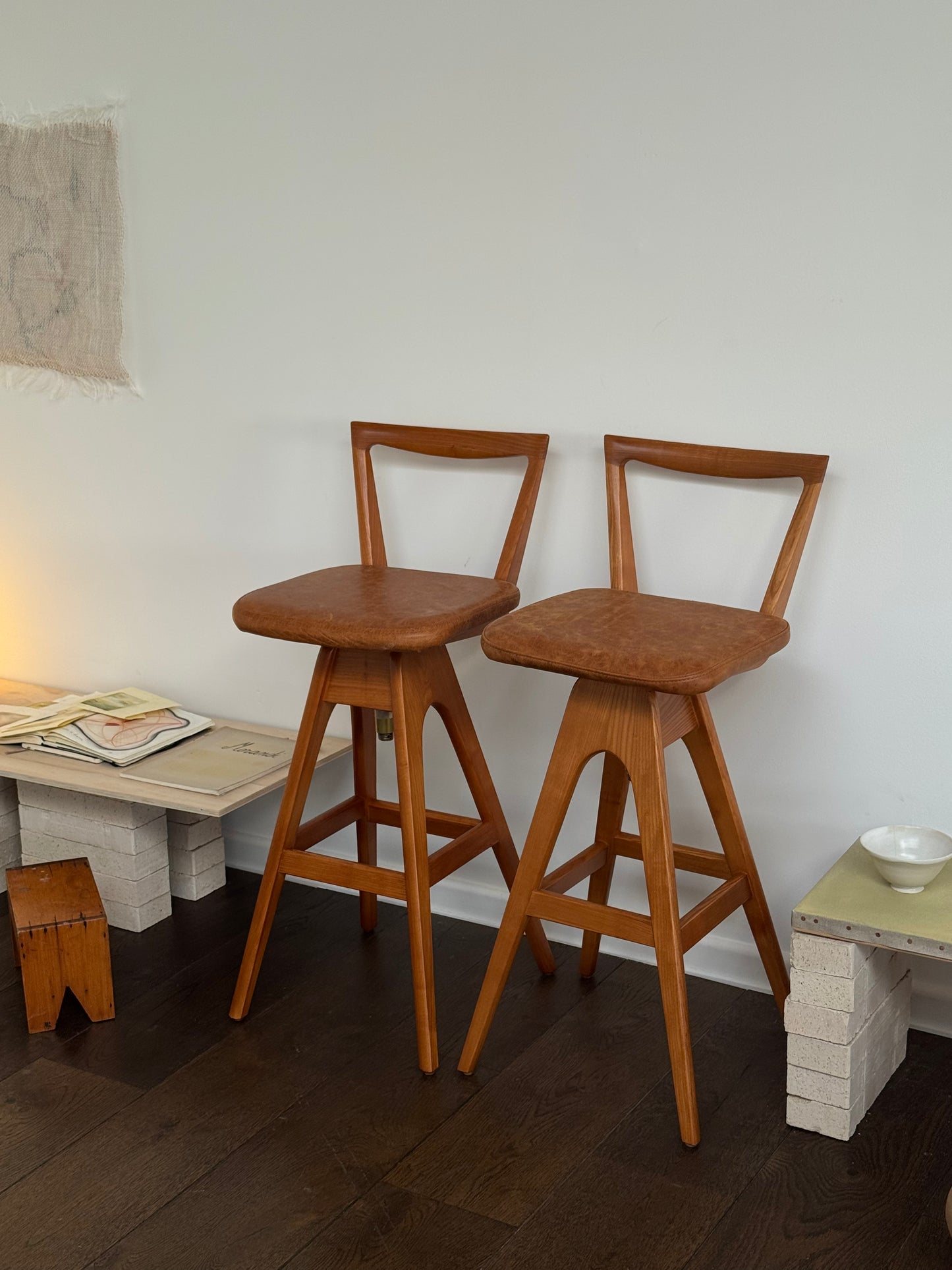 Pair of T.H. Brown Teak & Leather Stools