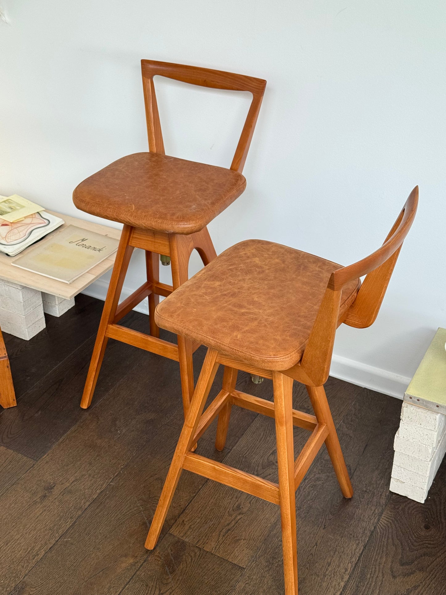 Pair of T.H. Brown Teak & Leather Stools