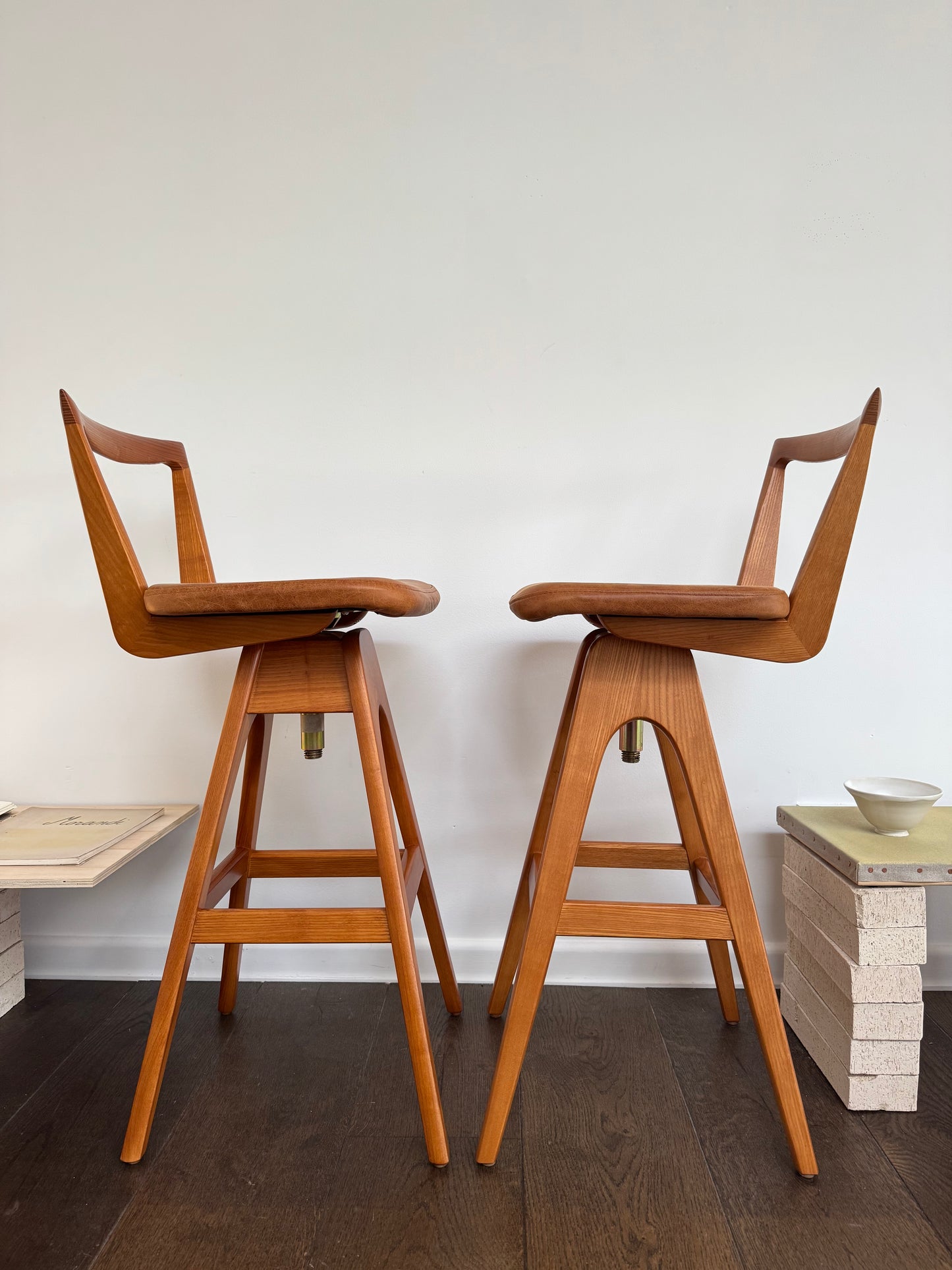 Pair of T.H. Brown Teak & Leather Stools