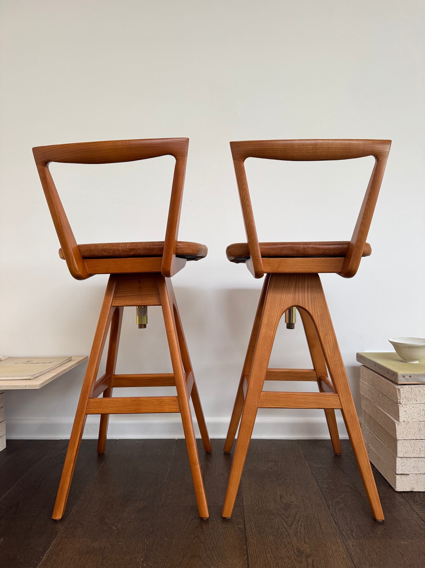 Pair of T.H. Brown Teak & Leather Stools