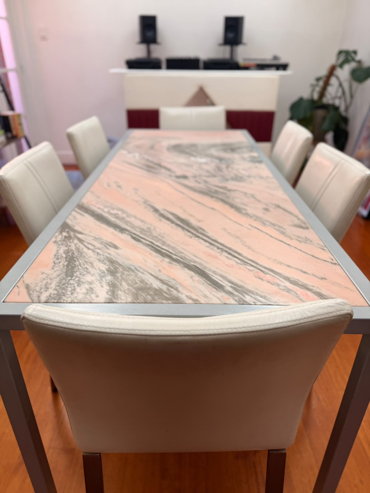 Rosa Portogallo Marble Dining Table with Powder-Coated Metal Base