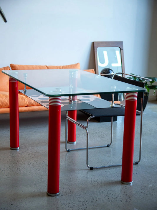 Postmodern Glass Dining Table with Red Lacquered Legs Italy