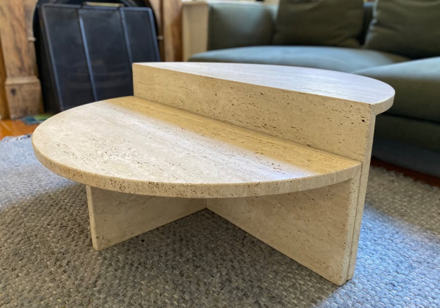 Vintage Split Level Half Moon Travertine Table