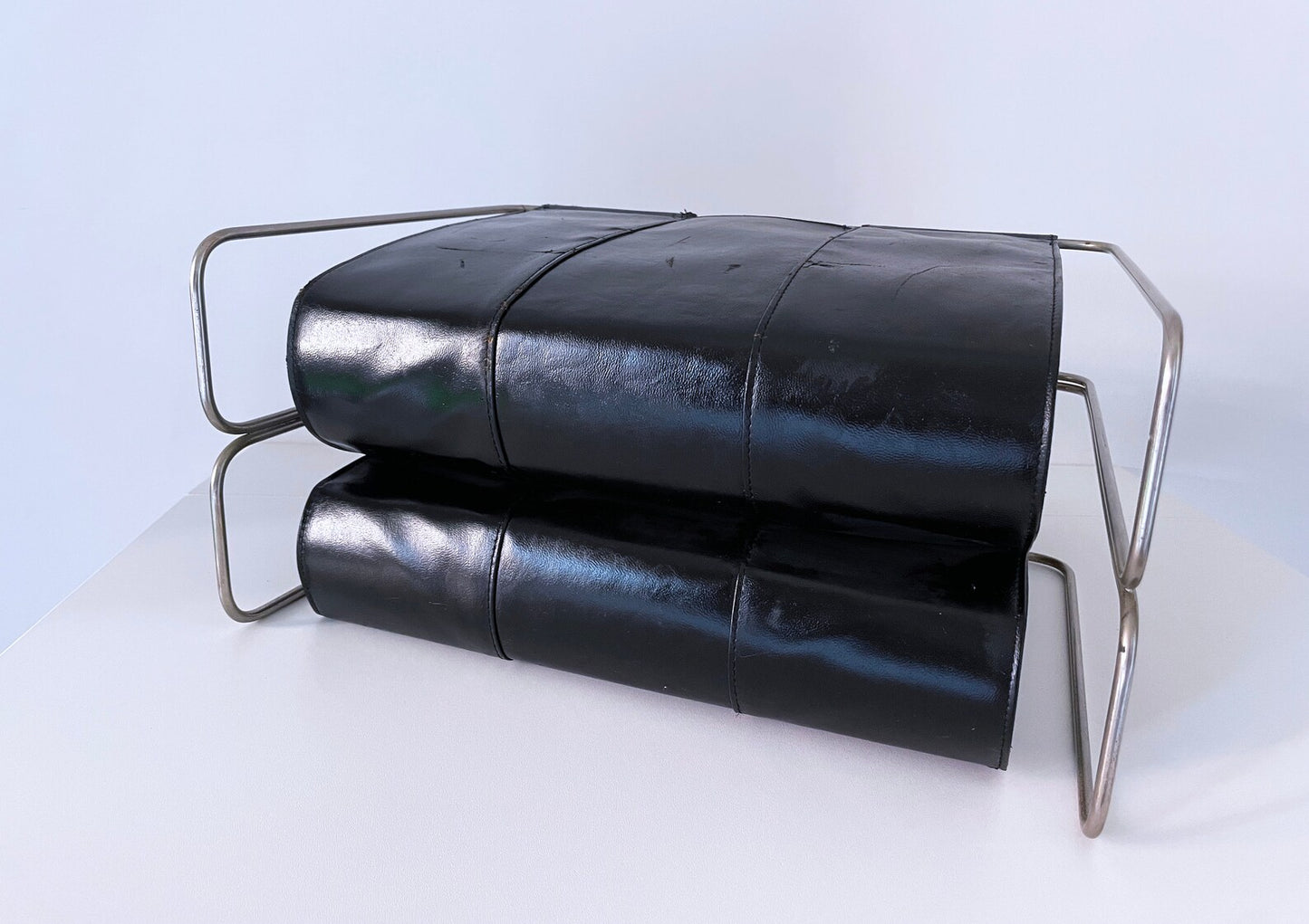 1960's Mid Century Italian Genuine Black Leather and Chrome Double Sling Magazine Rack