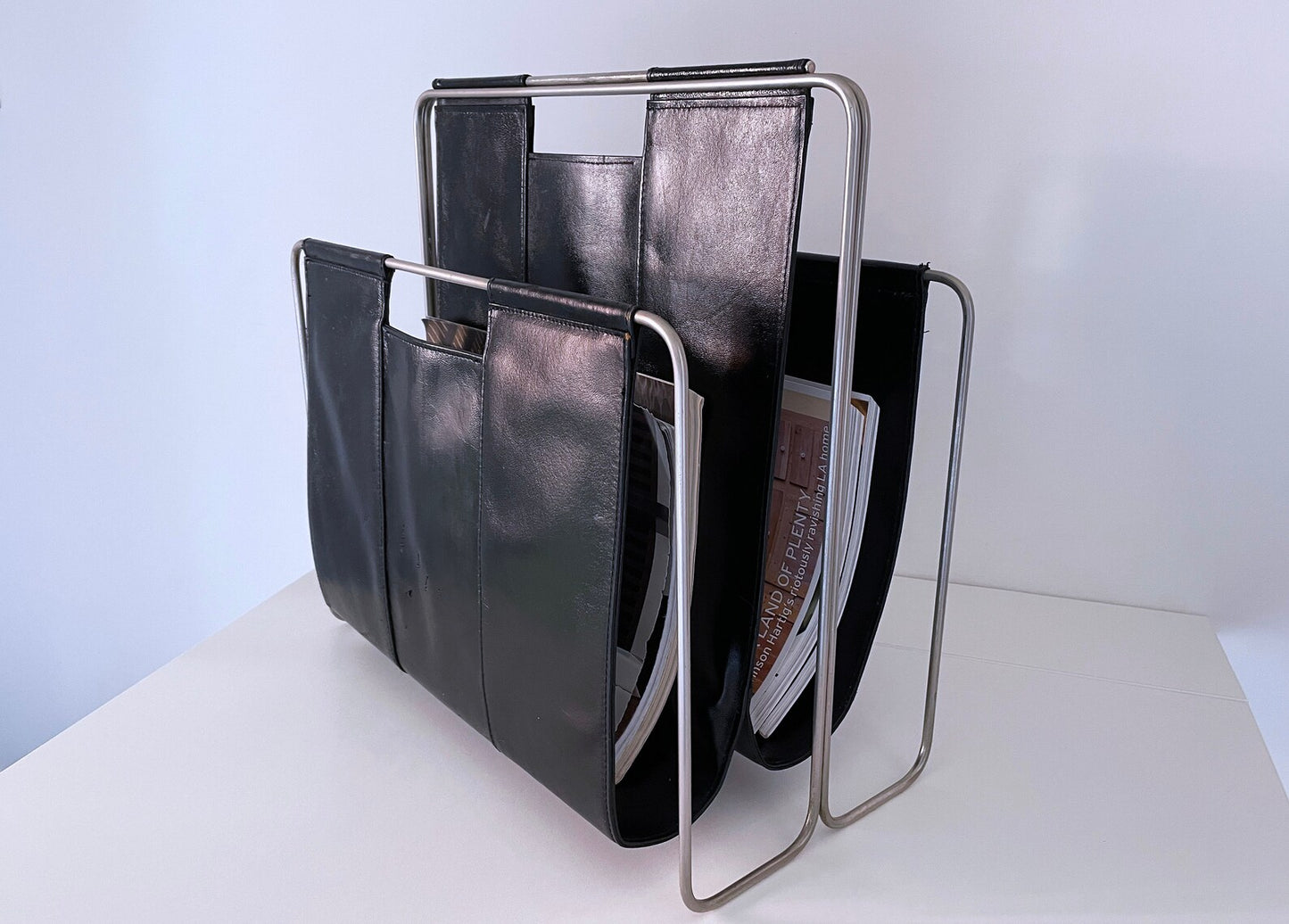 1960's Mid Century Italian Genuine Black Leather and Chrome Double Sling Magazine Rack