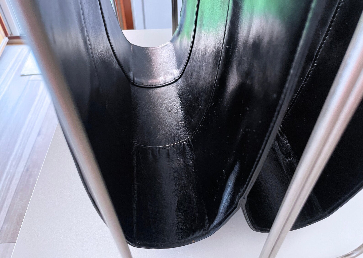 1960's Mid Century Italian Genuine Black Leather and Chrome Double Sling Magazine Rack
