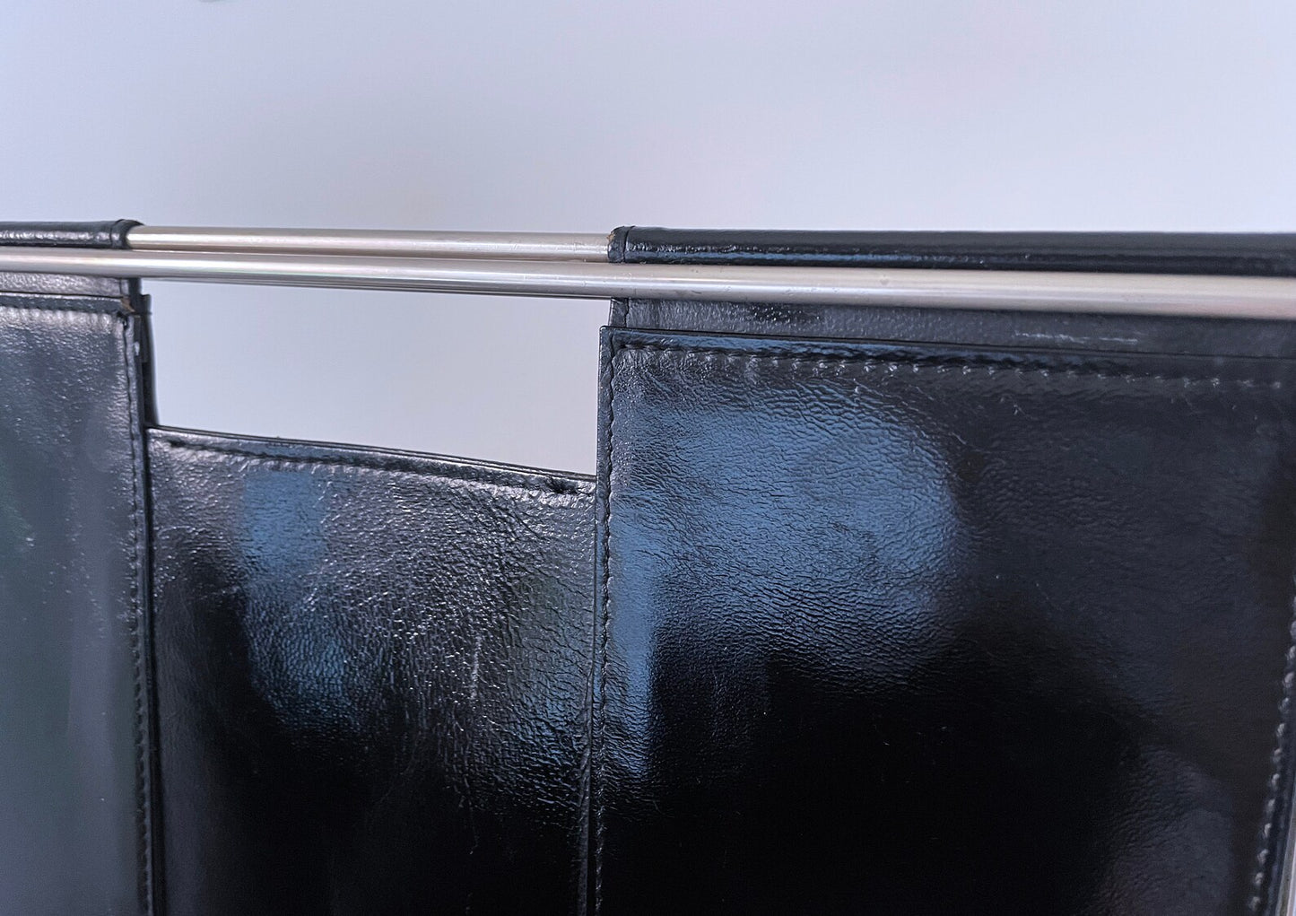 1960's Mid Century Italian Genuine Black Leather and Chrome Double Sling Magazine Rack
