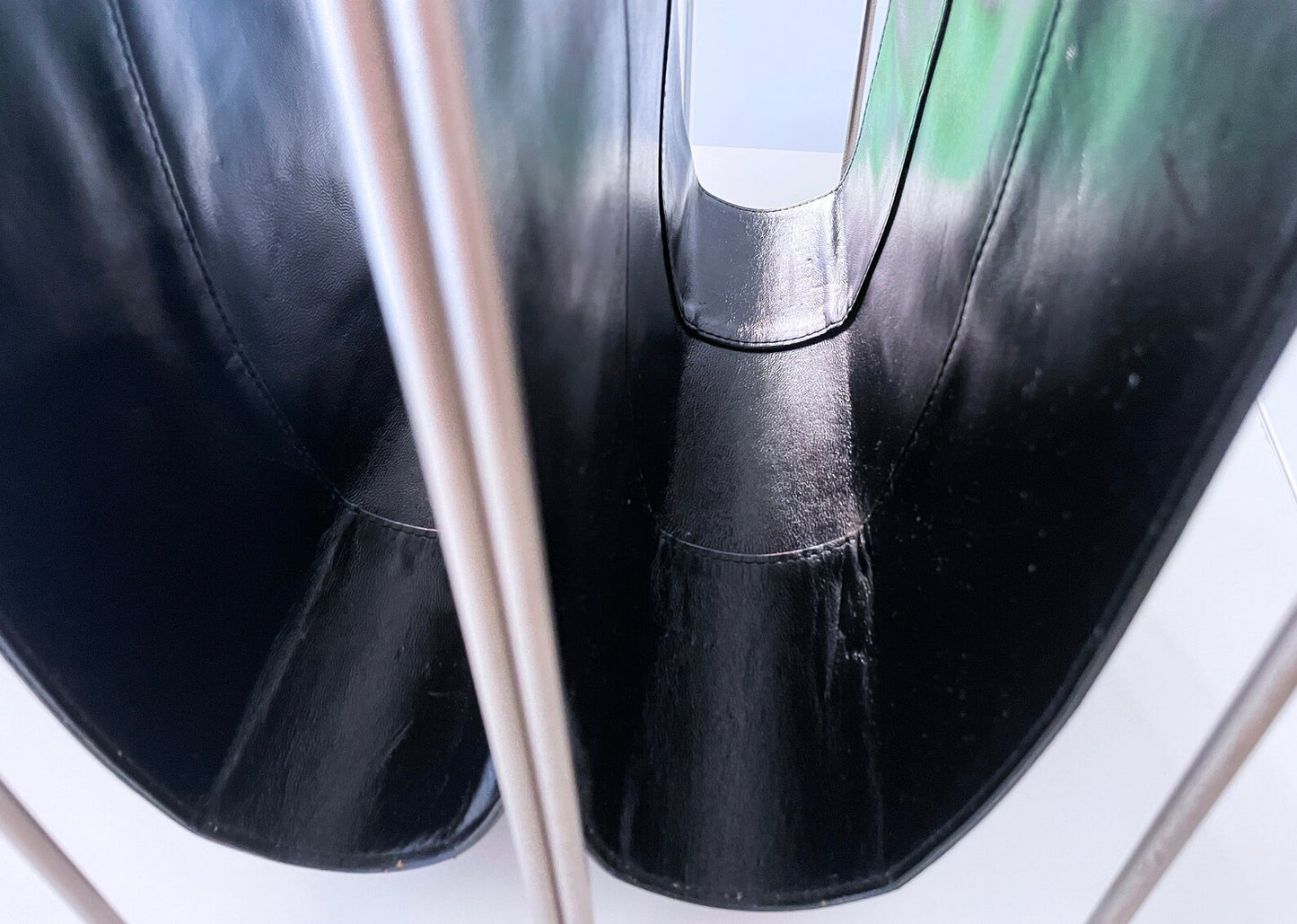 1960's Mid Century Italian Genuine Black Leather and Chrome Double Sling Magazine Rack