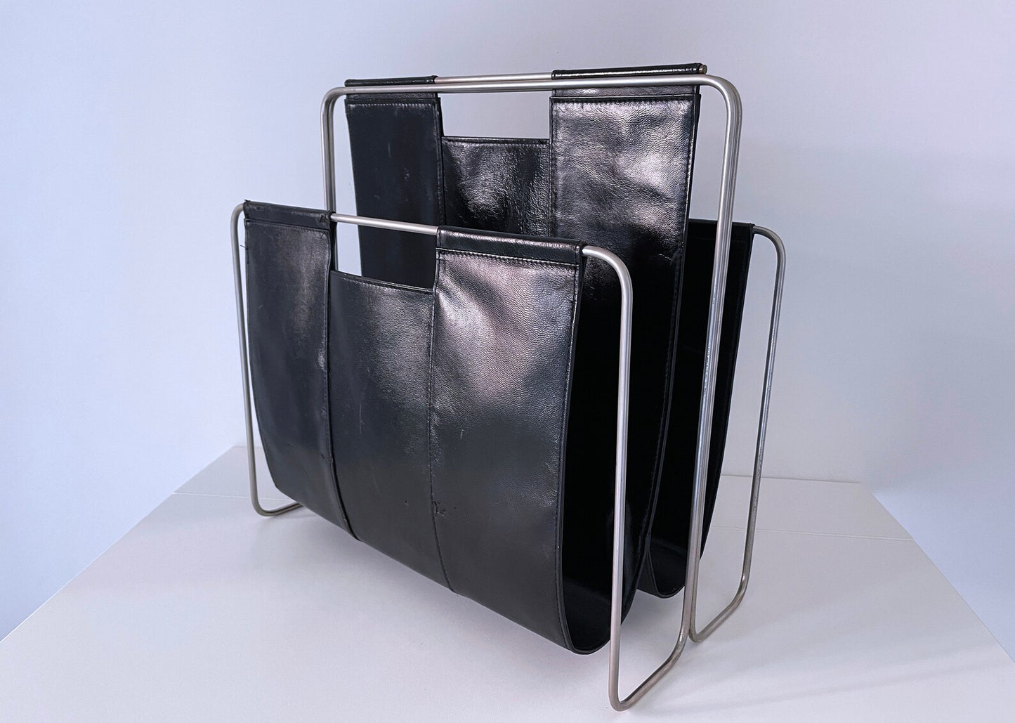 1960's Mid Century Italian Genuine Black Leather and Chrome Double Sling Magazine Rack