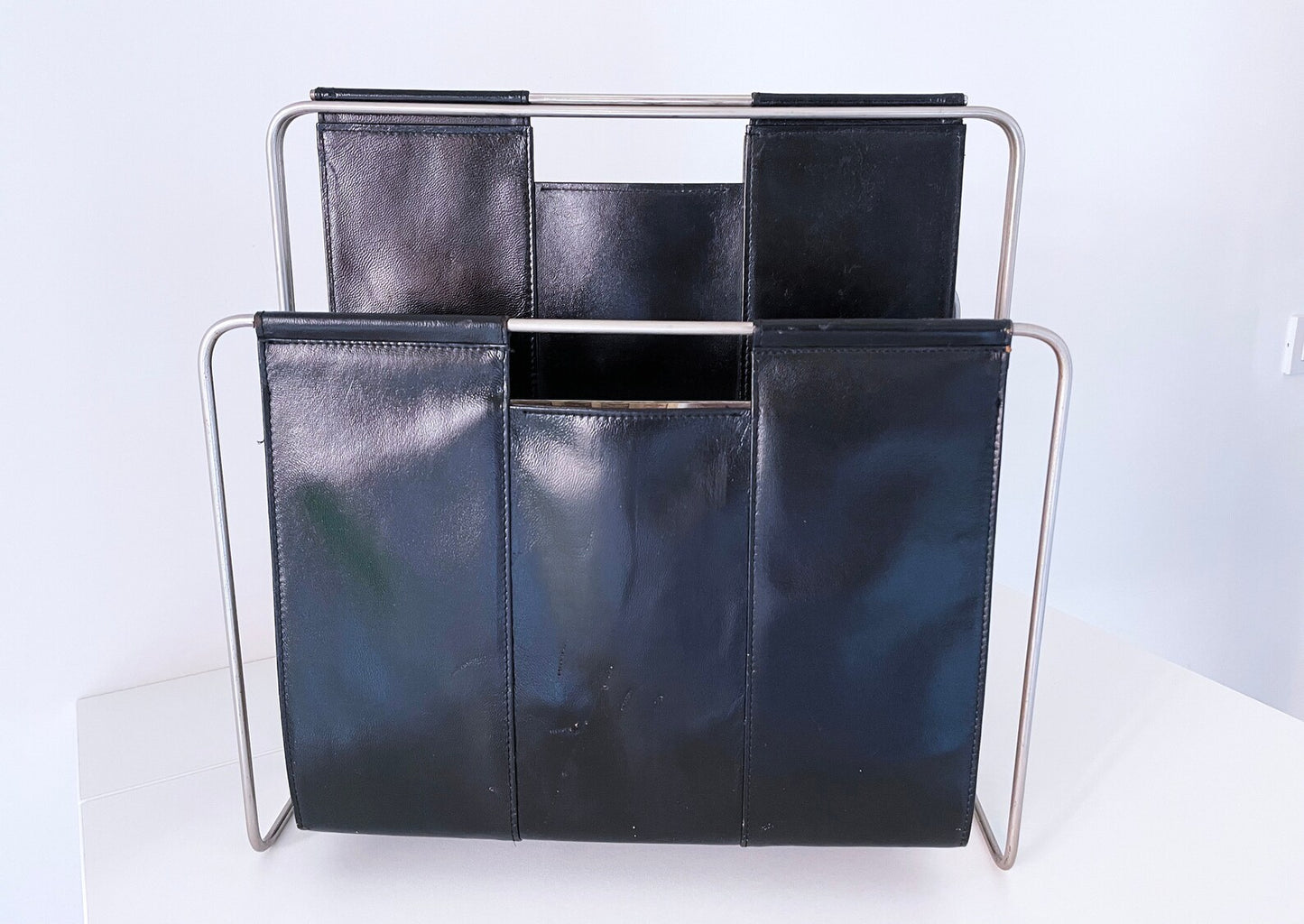 1960's Mid Century Italian Genuine Black Leather and Chrome Double Sling Magazine Rack
