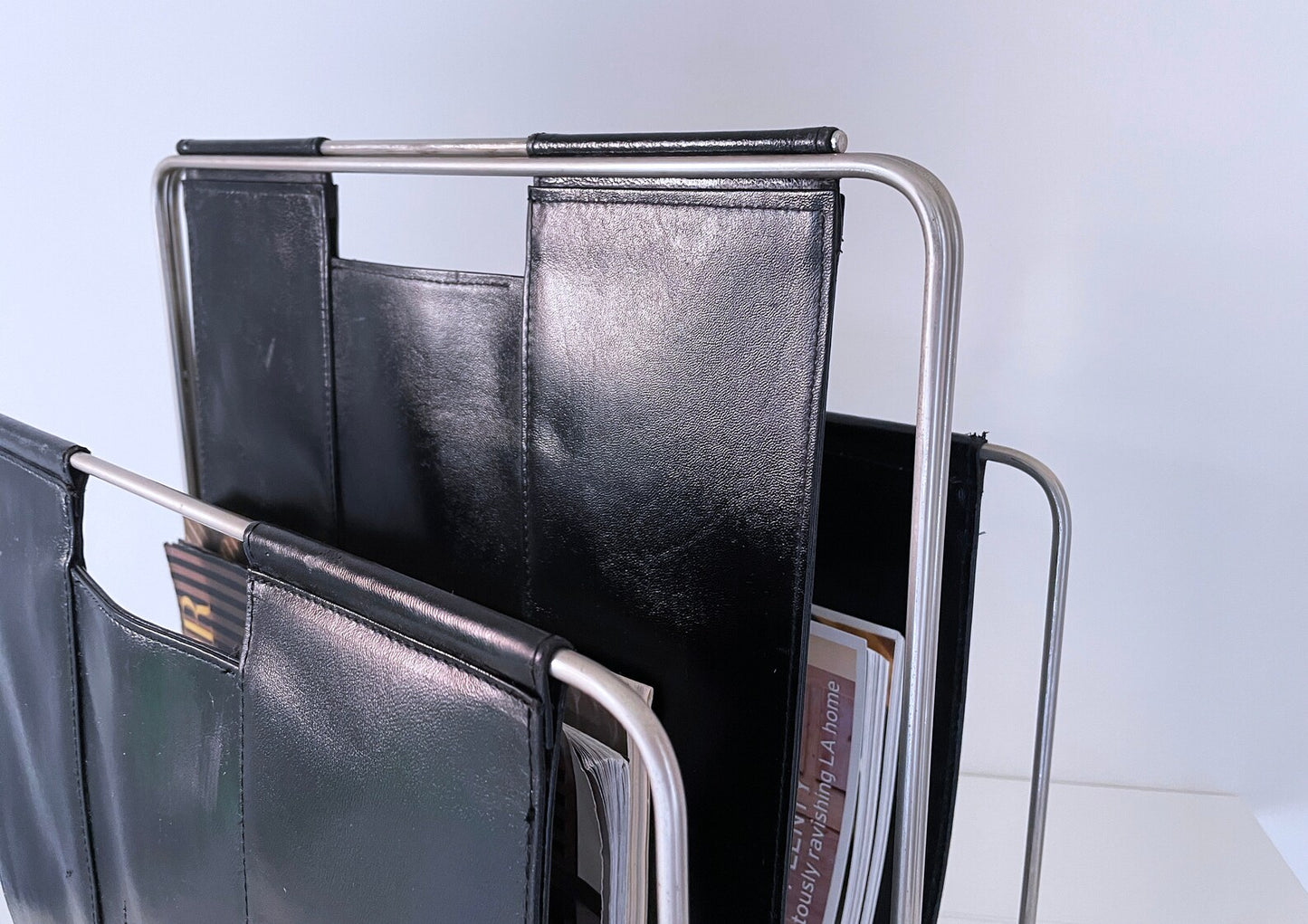 1960's Mid Century Italian Genuine Black Leather and Chrome Double Sling Magazine Rack