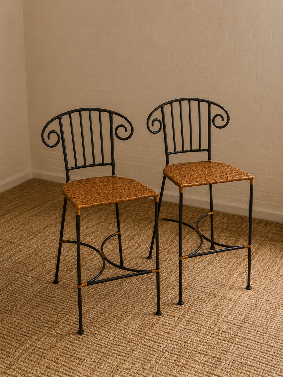 Pair of Vintage Wrought Iron Scroll Back Bar Stools