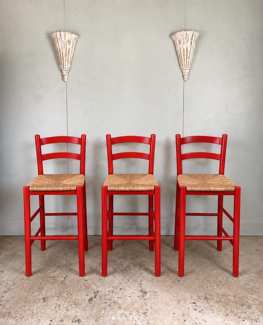 Set of 3 Vintage Italian Red Rush Seat Bar Stools