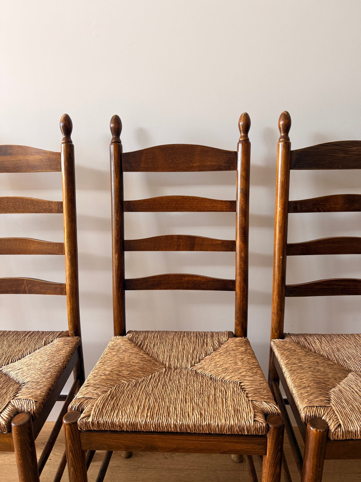 Set of Five Vintage Timber Ladder Back Dining Chairs with Rush Seats