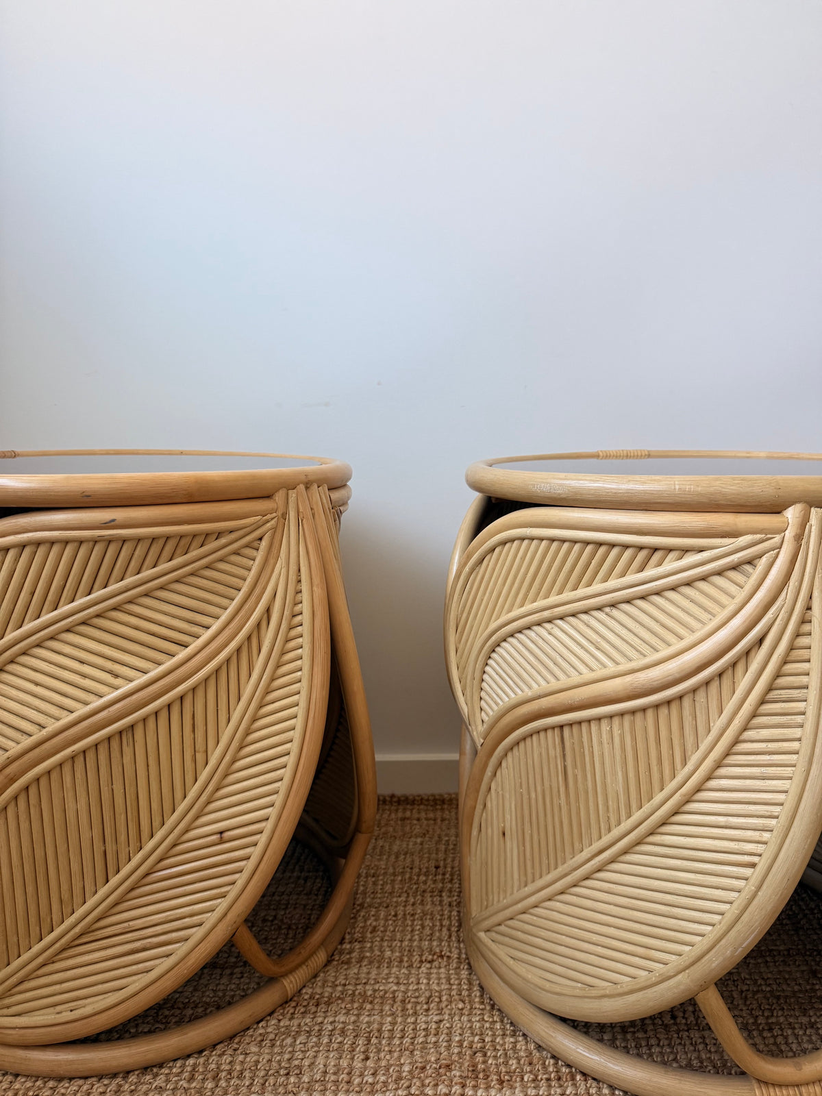 Extra Large Vintage Rattan Palm Side Tables - Two Available
