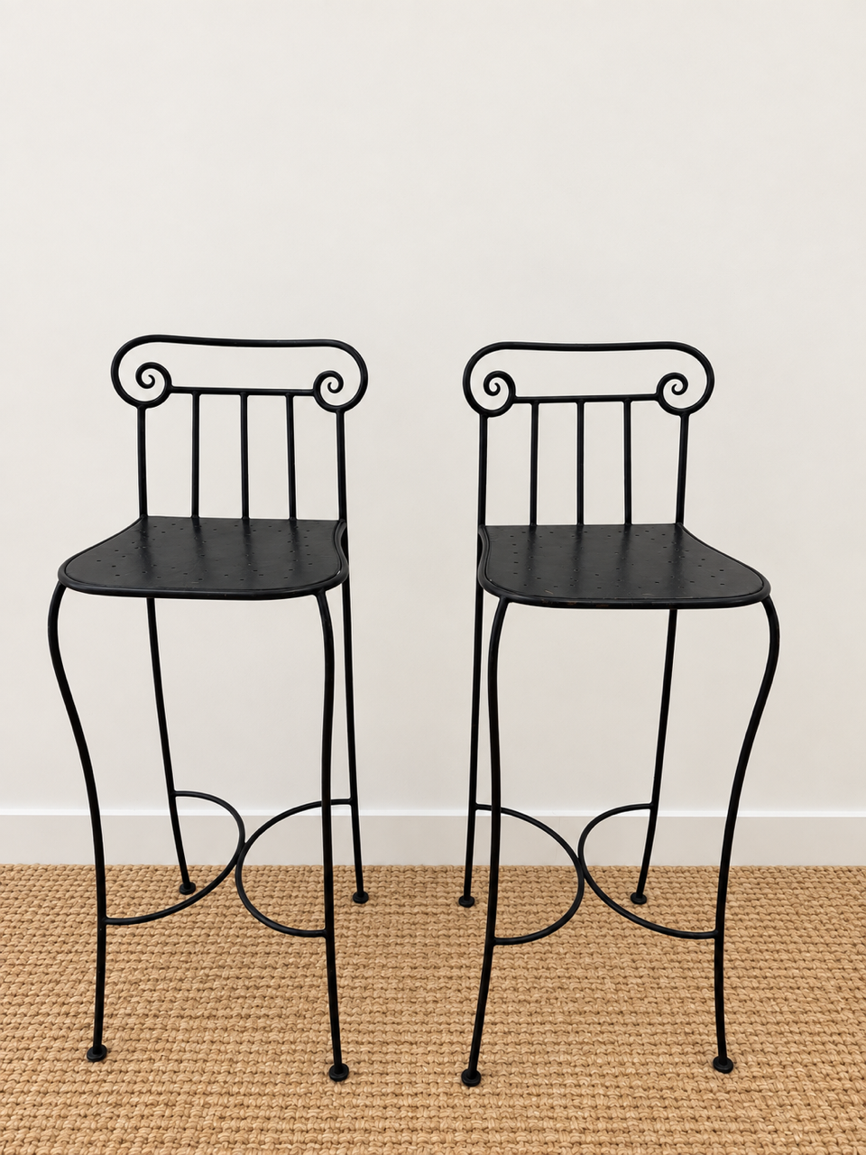 Pair of Vintage Black Metal Scroll Back Bar Stools