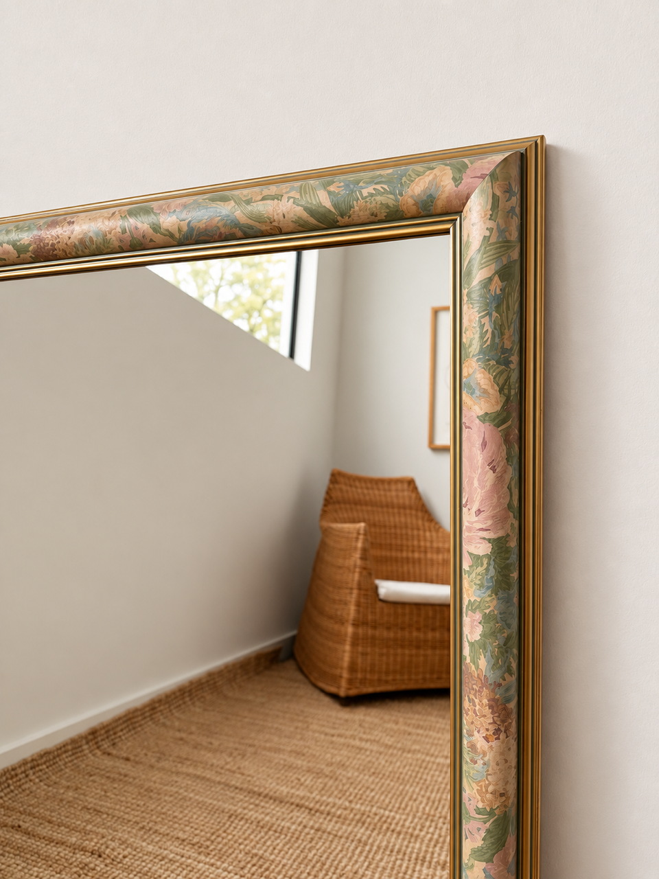 Vintage Floral Framed Mirror with Gold Tone Trim
