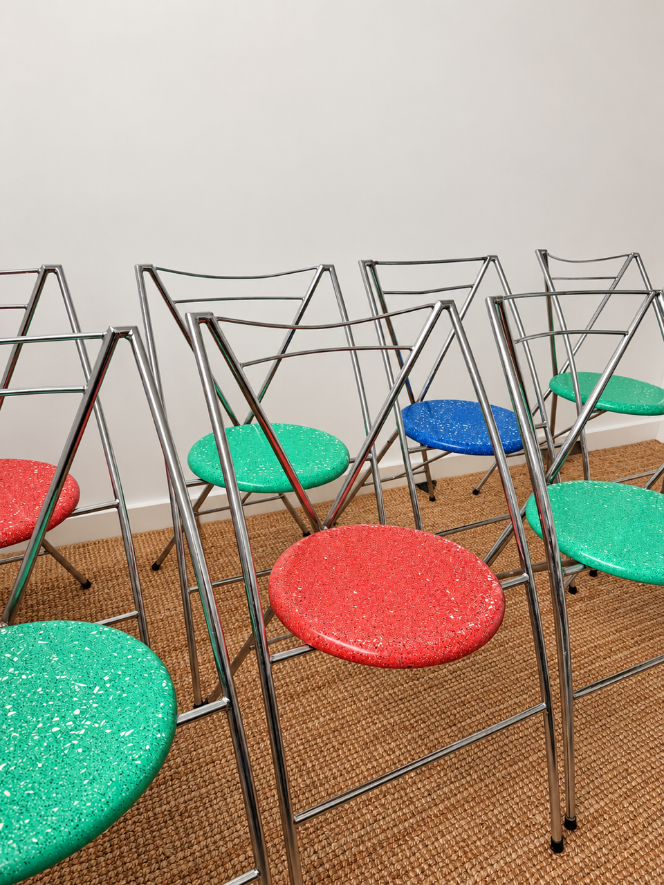 Set of 8 Vintage Chrome Dining Chairs with Terrazzo-Style Seats