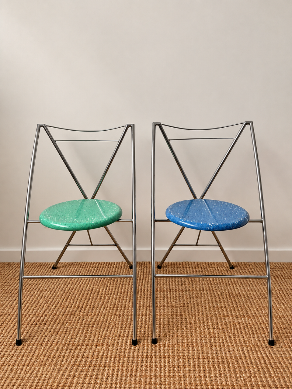 Set of 8 Vintage Chrome Dining Chairs with Terrazzo-Style Seats