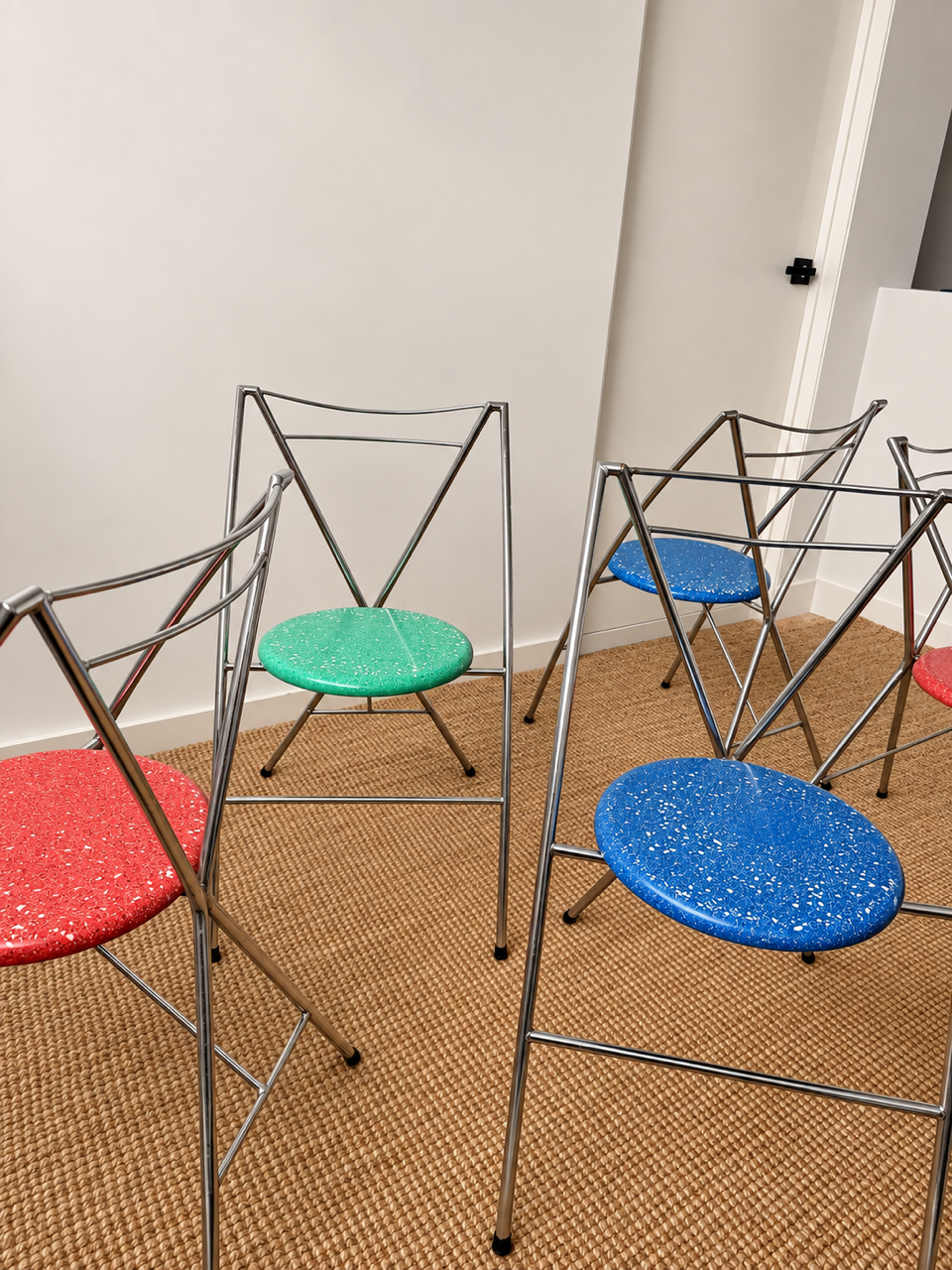 Set of 8 Vintage Chrome Dining Chairs with Terrazzo-Style Seats
