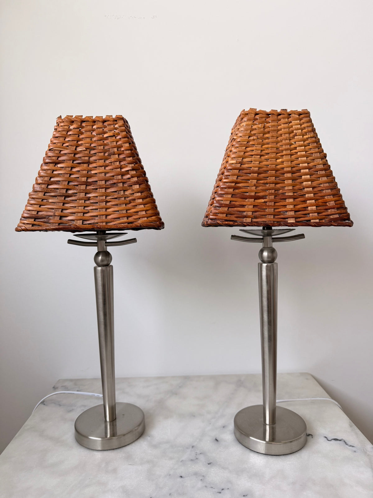 Pair of Vintage Chrome & Rattan Table Lamps