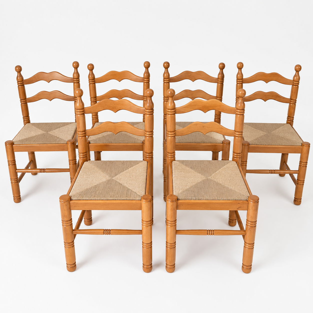 Set of Six Vintage Timber Rush Ladderback Dining Chairs