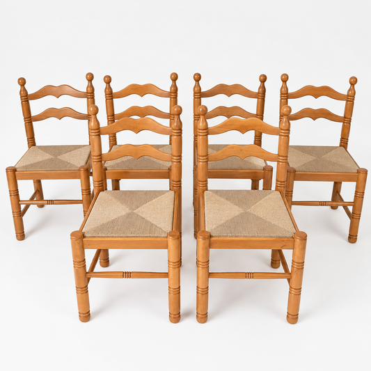 Set of Six Vintage Timber Rush Ladderback Dining Chairs