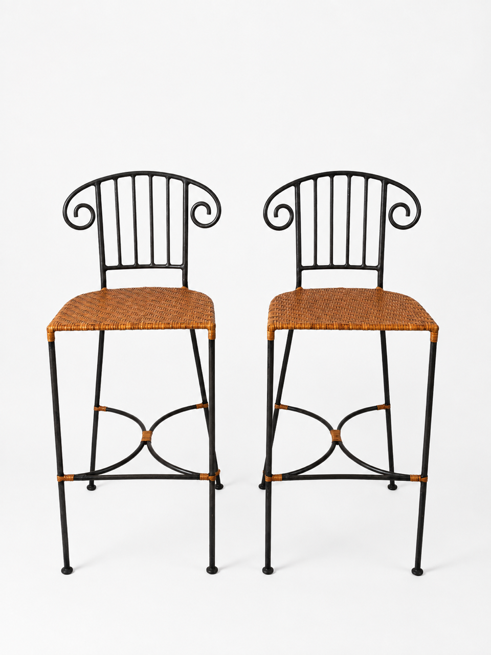 Pair of Vintage Wrought Iron Scroll Back Bar Stools