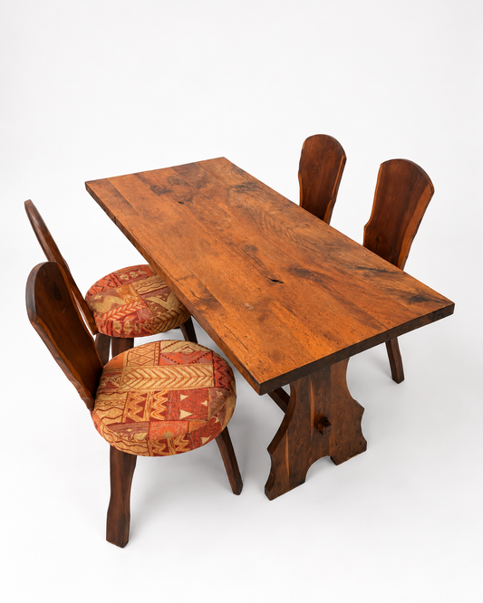 Vintage Brutalist Solid Timber Dining Setting with Four Chairs