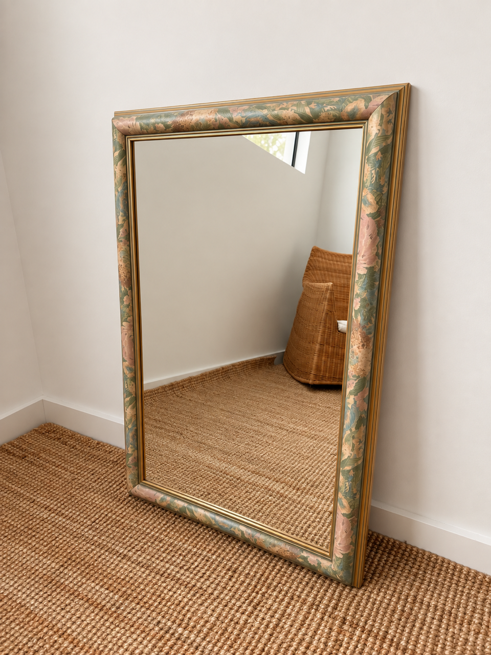 Vintage Floral Framed Mirror with Gold Tone Trim