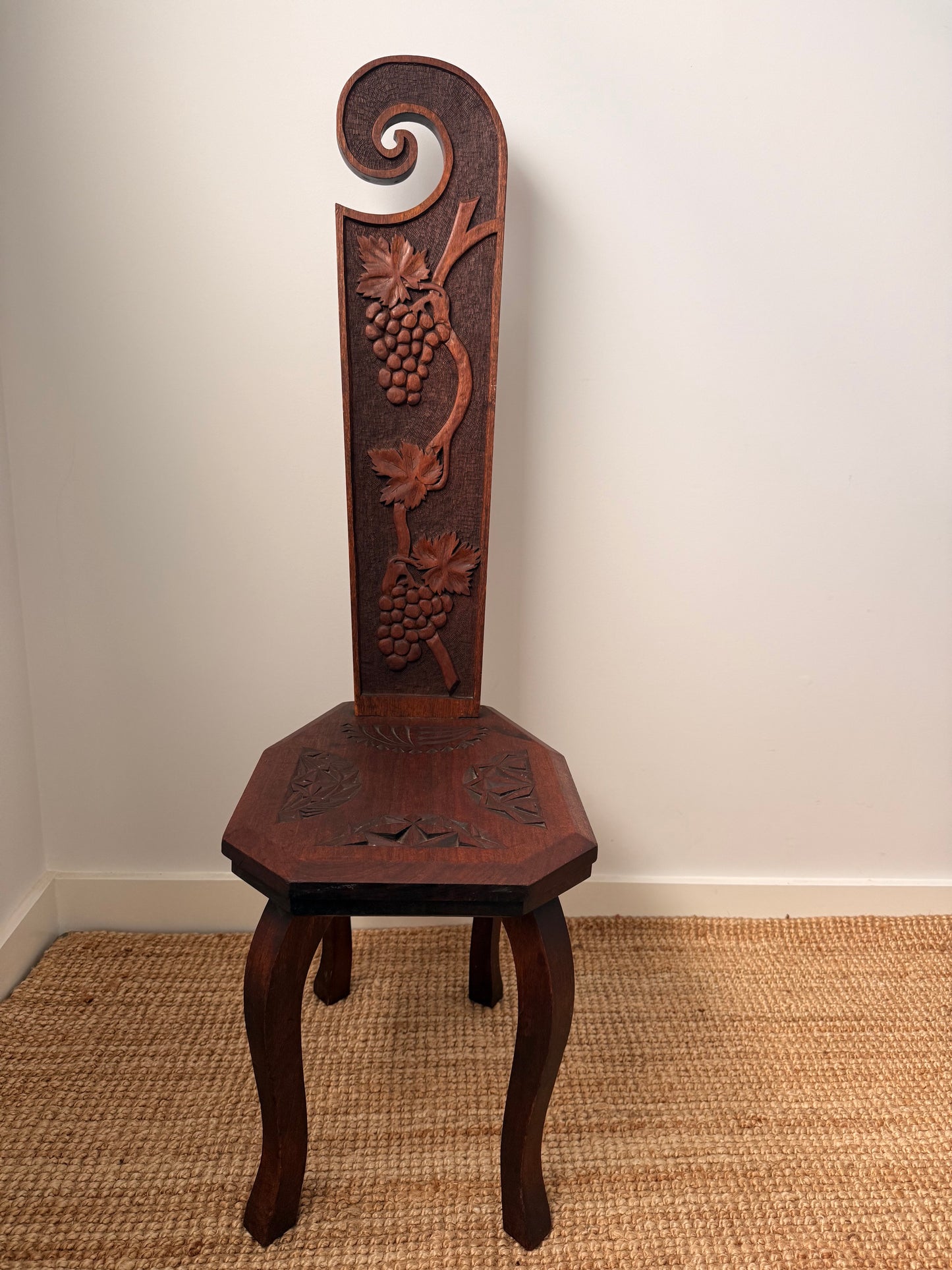 Antique Carved Oak Spinning Chair with Grapevine Detail