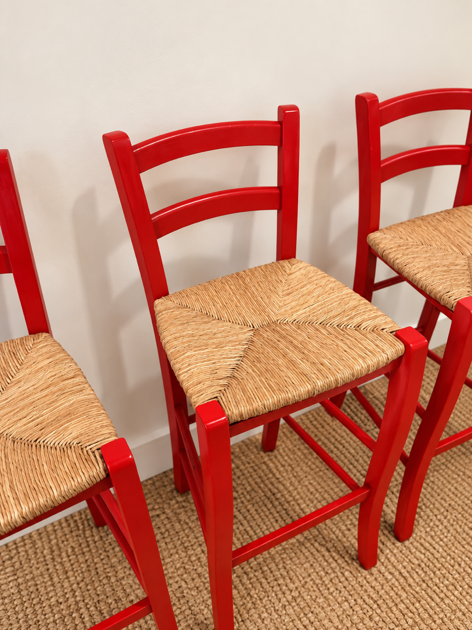 Set of 3 Vintage Italian Red Rush Seat Bar Stools