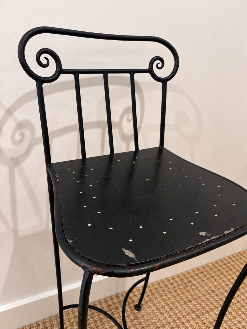 Pair of Vintage Black Metal Scroll Back Bar Stools