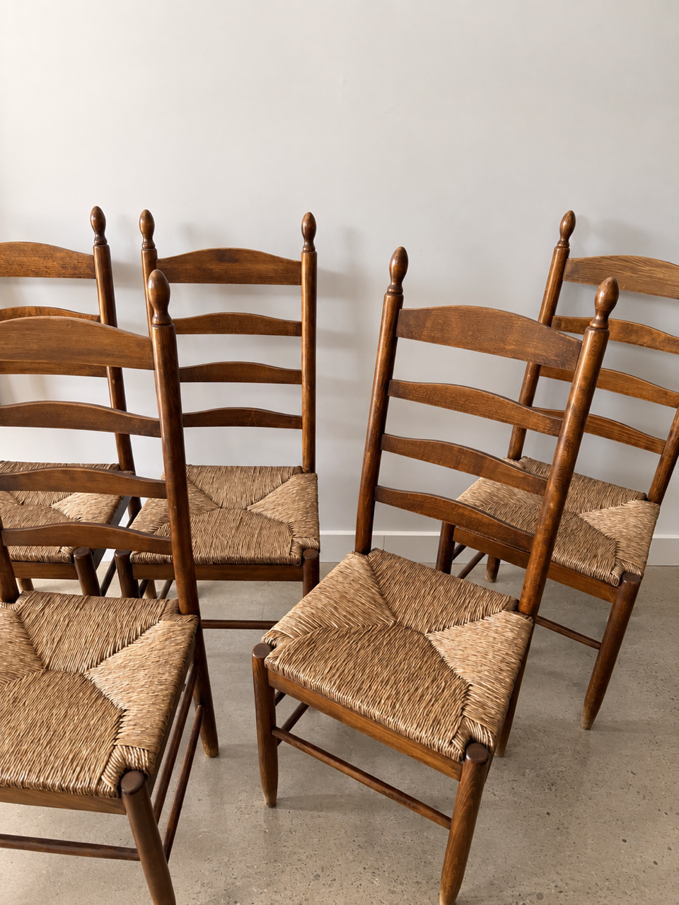 Set of Five Vintage Timber Ladder Back Dining Chairs with Rush Seats