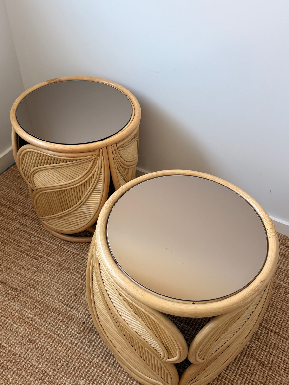 Extra Large Vintage Rattan Palm Side Tables - Two Available