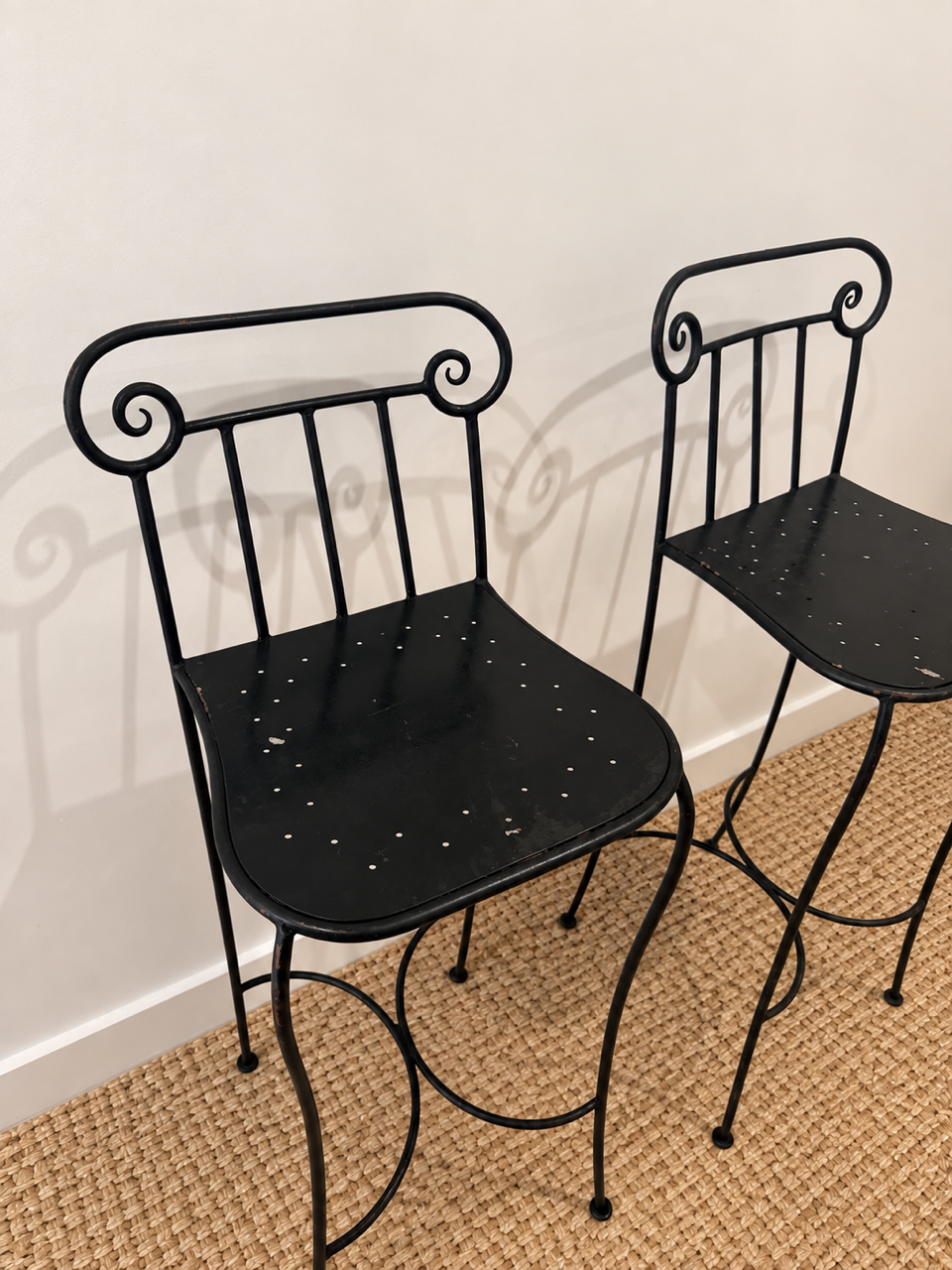 Pair of Vintage Black Metal Scroll Back Bar Stools