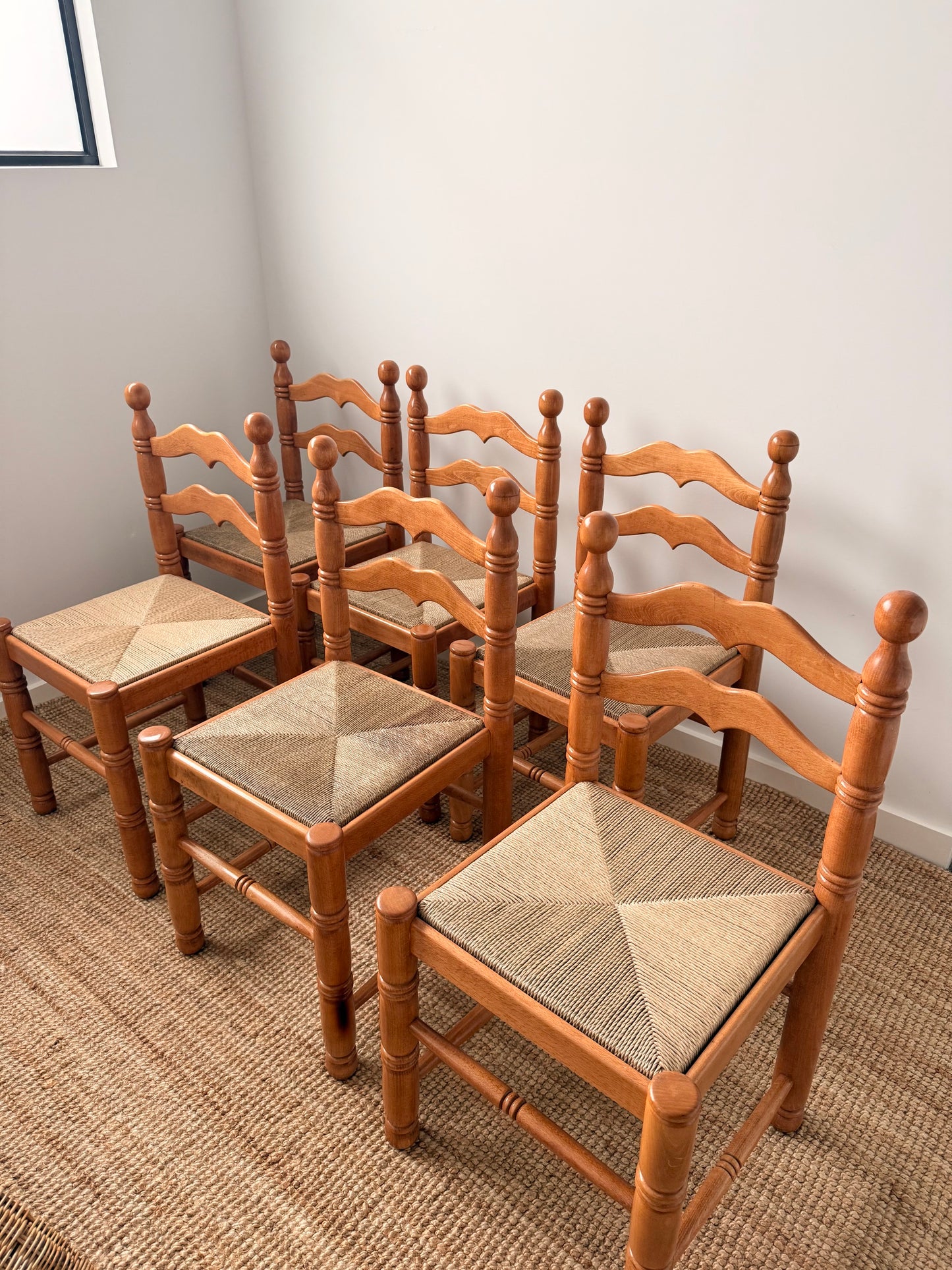 Set of Six Vintage Timber Rush Ladderback Dining Chairs
