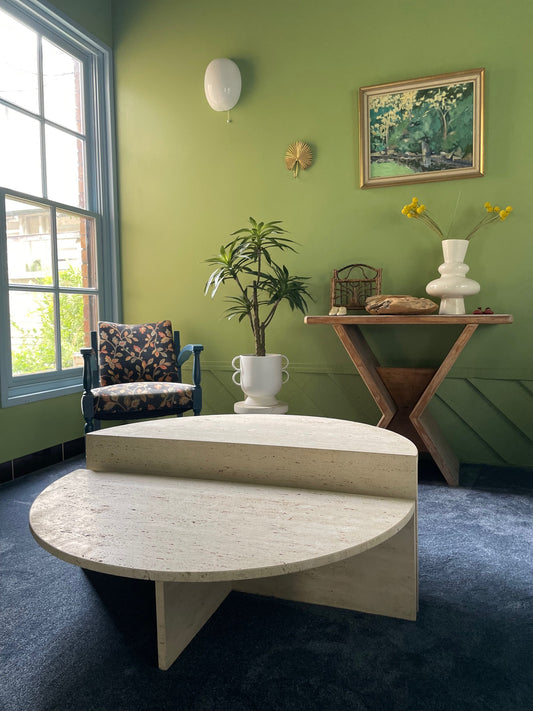 Split Level Half Moon Travertine Table